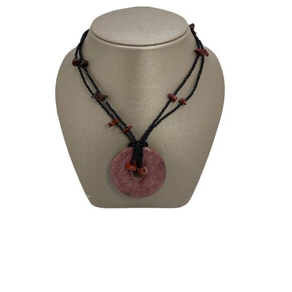 Rhodochrosite Necklace Purple Natural Stone Donut Pendant Black Beaded Chain - Picture 10 of 10